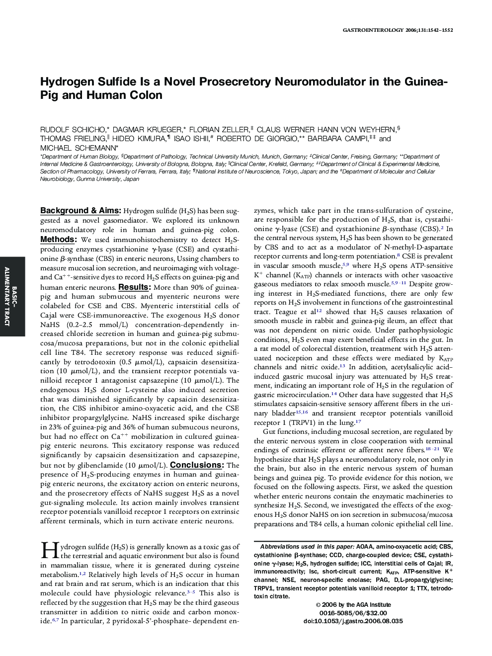 Hydrogen Sulfide Is a Novel Prosecretory Neuromodulator in the Guinea-Pig and Human Colon 