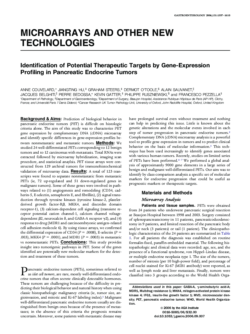 Identification of Potential Therapeutic Targets by Gene-Expression Profiling in Pancreatic Endocrine Tumors