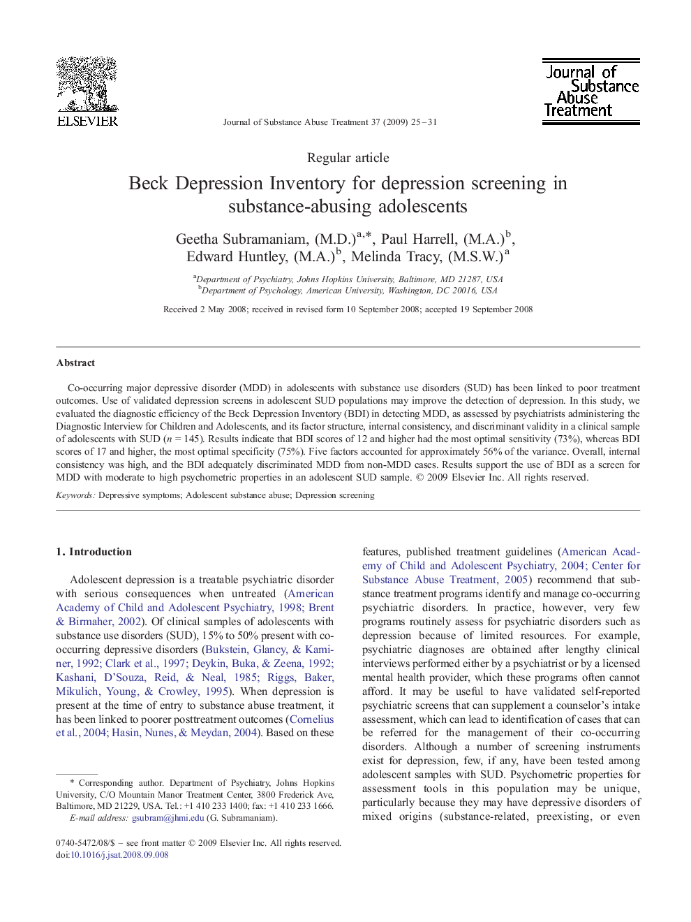 Beck Depression Inventory for depression screening in substance-abusing adolescents