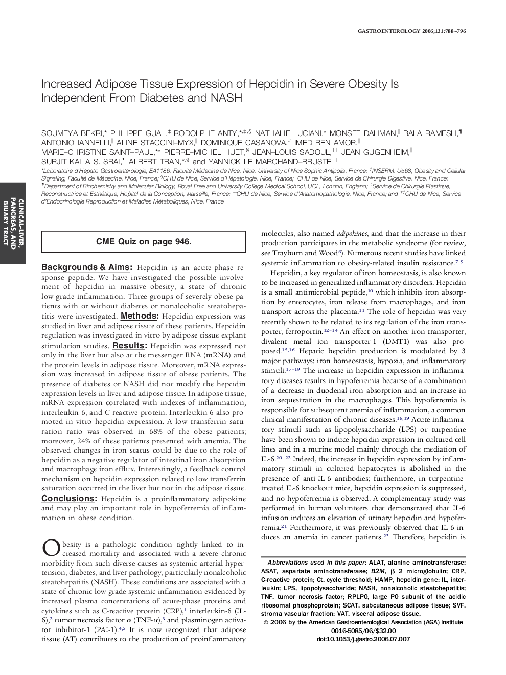 Increased Adipose Tissue Expression of Hepcidin in Severe Obesity Is Independent From Diabetes and NASH 