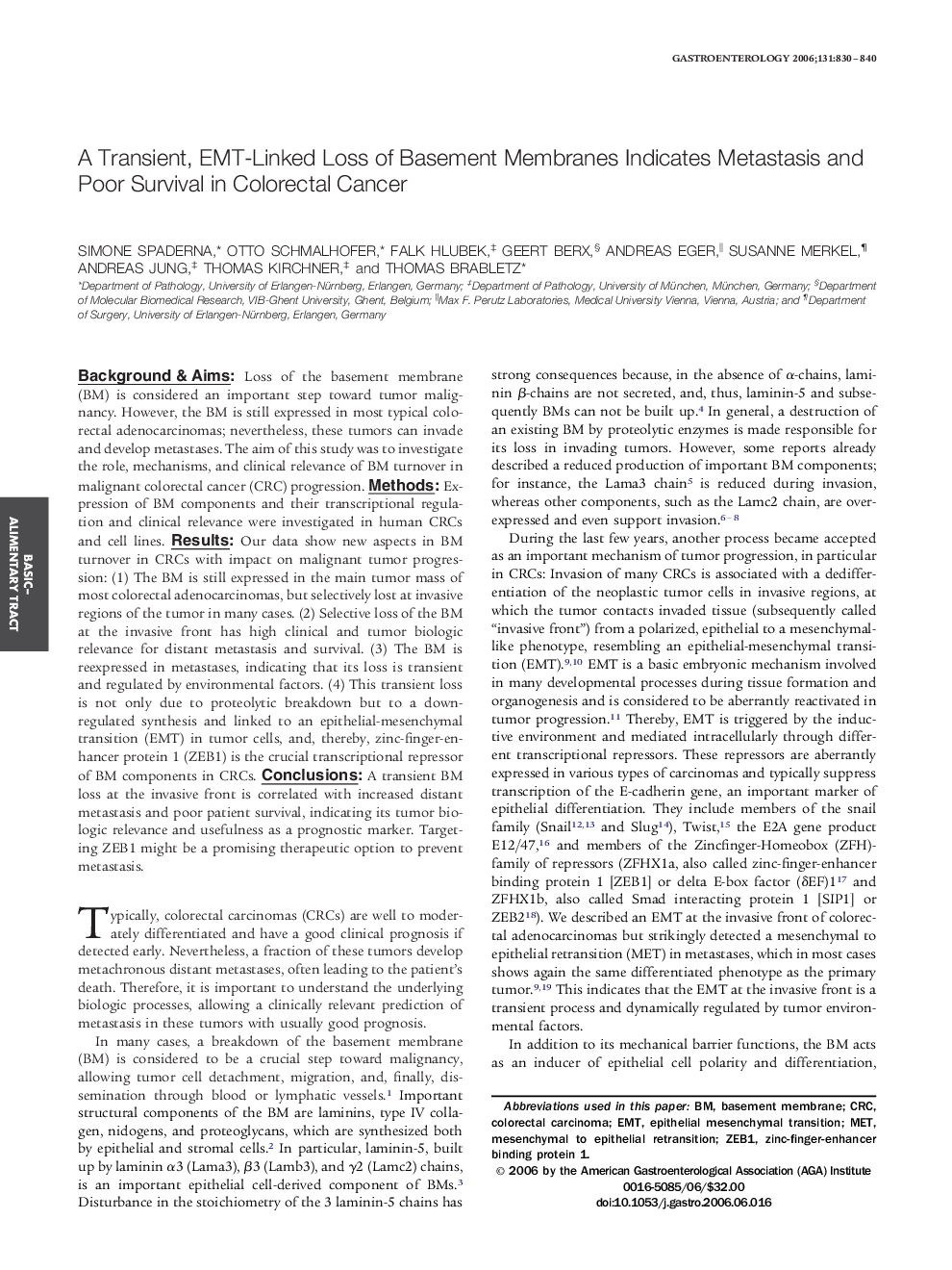 A Transient, EMT-Linked Loss of Basement Membranes Indicates Metastasis and Poor Survival in Colorectal Cancer 