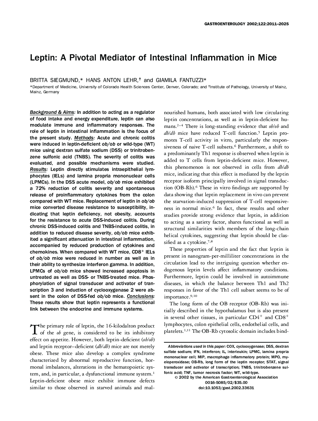 Leptin: A pivotal mediator of intestinal inflammation in mice 