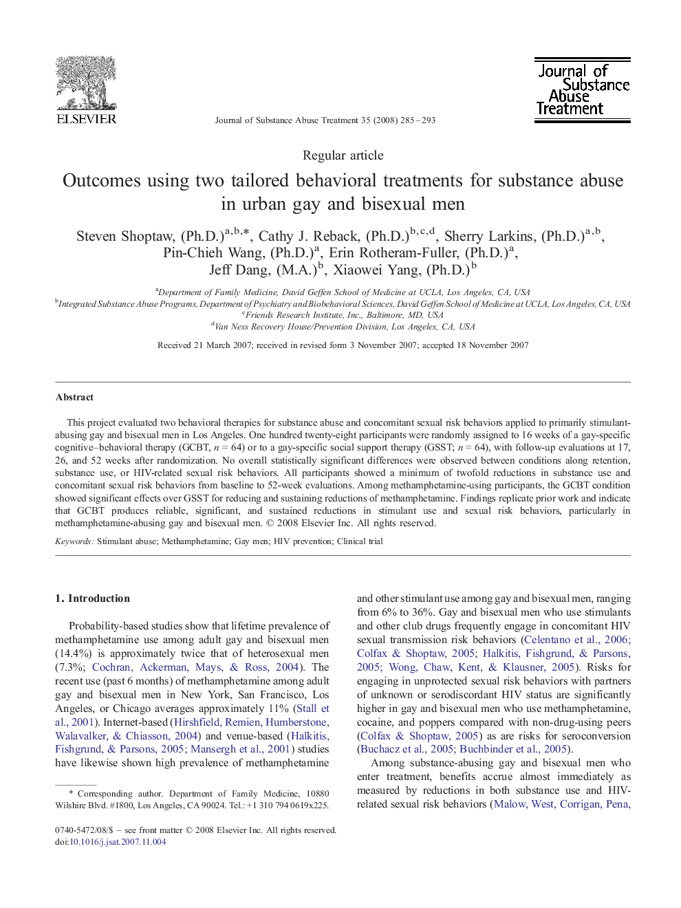 Outcomes using two tailored behavioral treatments for substance abuse in urban gay and bisexual men