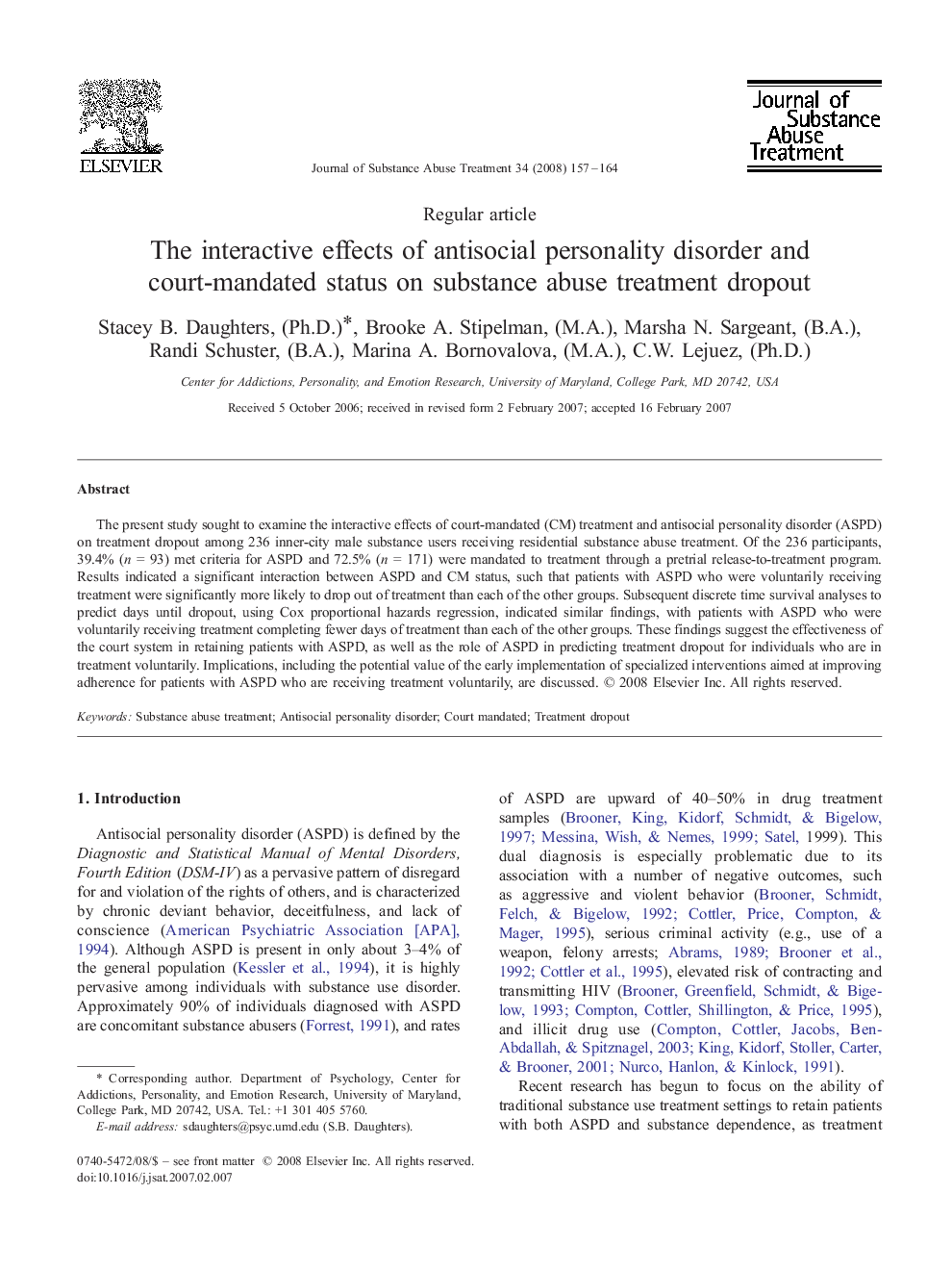 The interactive effects of antisocial personality disorder and court-mandated status on substance abuse treatment dropout