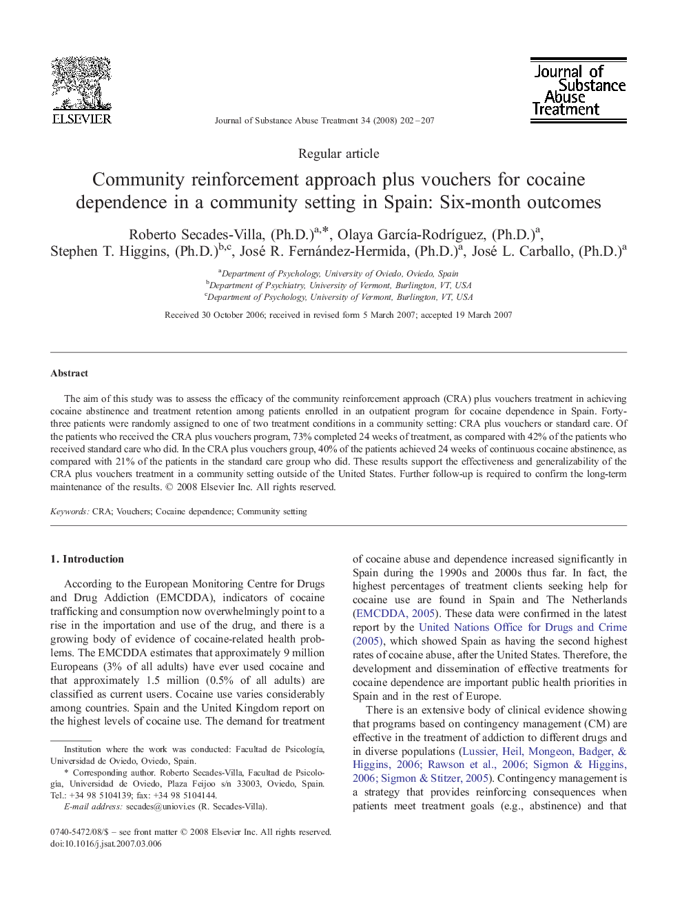 Community reinforcement approach plus vouchers for cocaine dependence in a community setting in Spain: Six-month outcomes 