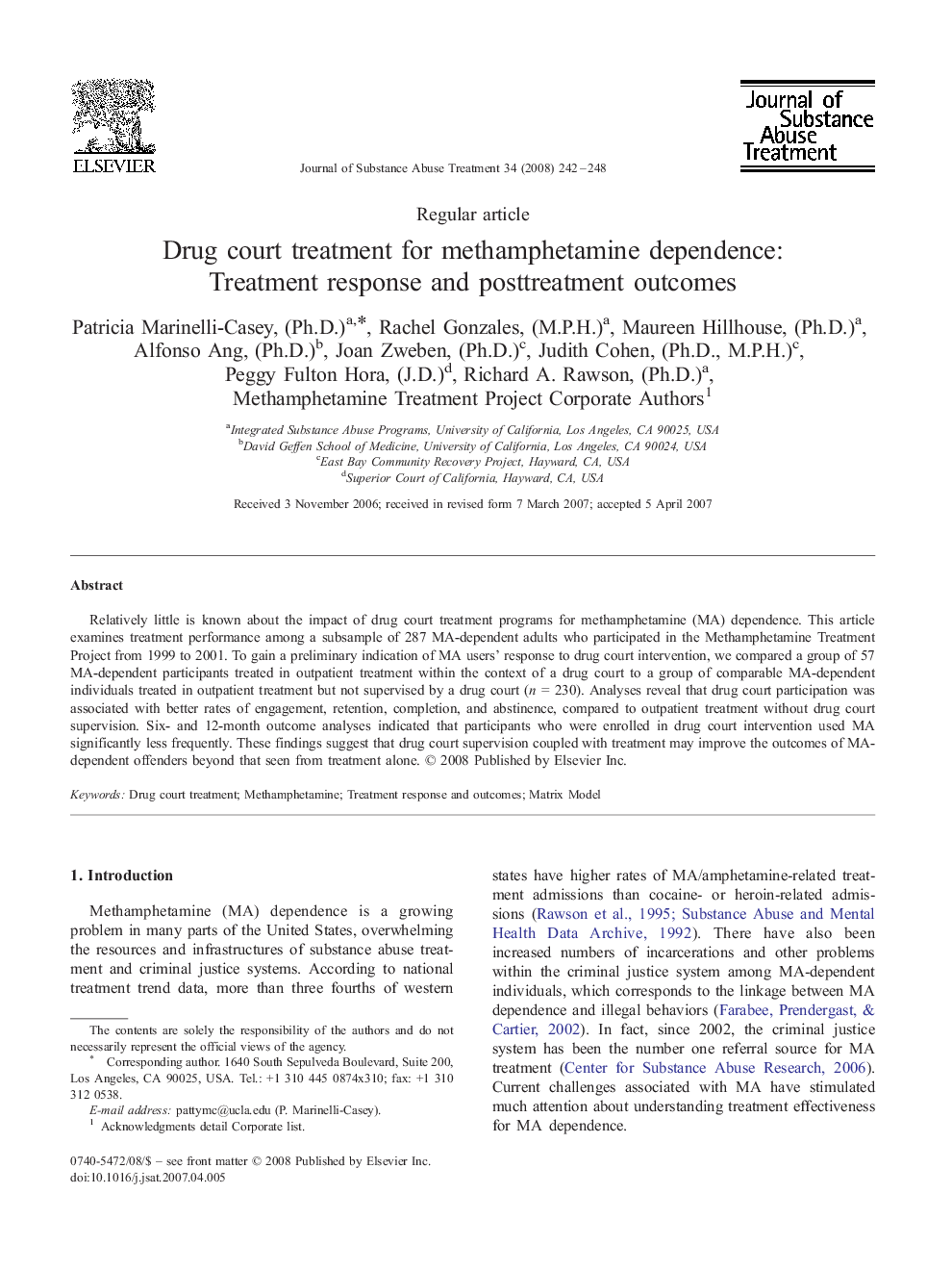 Drug court treatment for methamphetamine dependence: Treatment response and posttreatment outcomes 