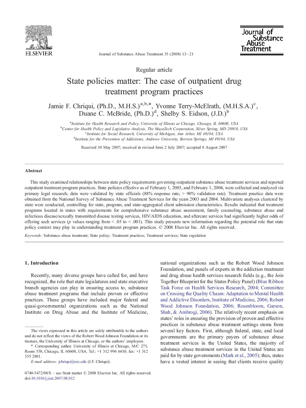 State policies matter: The case of outpatient drug treatment program practices 