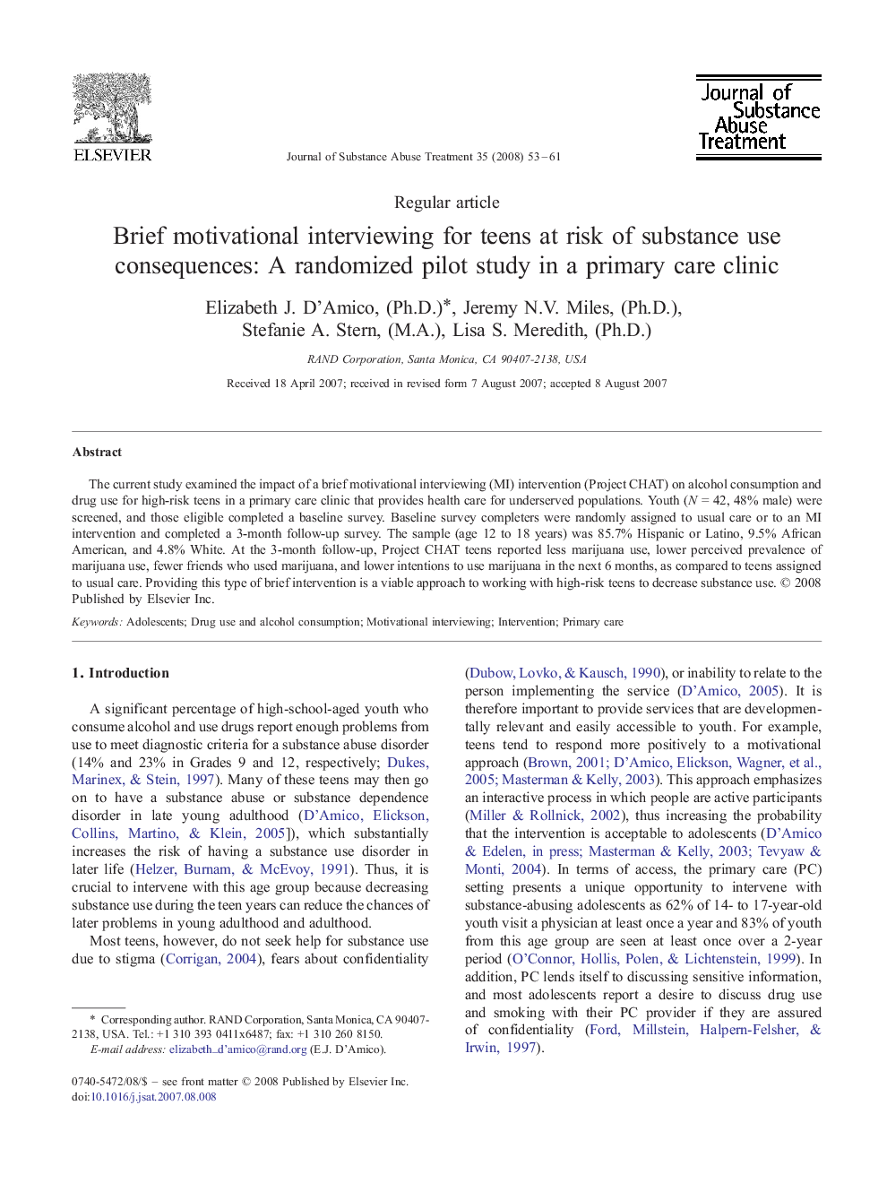 Brief motivational interviewing for teens at risk of substance use consequences: A randomized pilot study in a primary care clinic