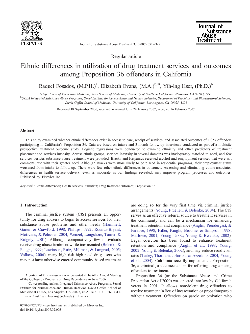 Ethnic differences in utilization of drug treatment services and outcomes among Proposition 36 offenders in California