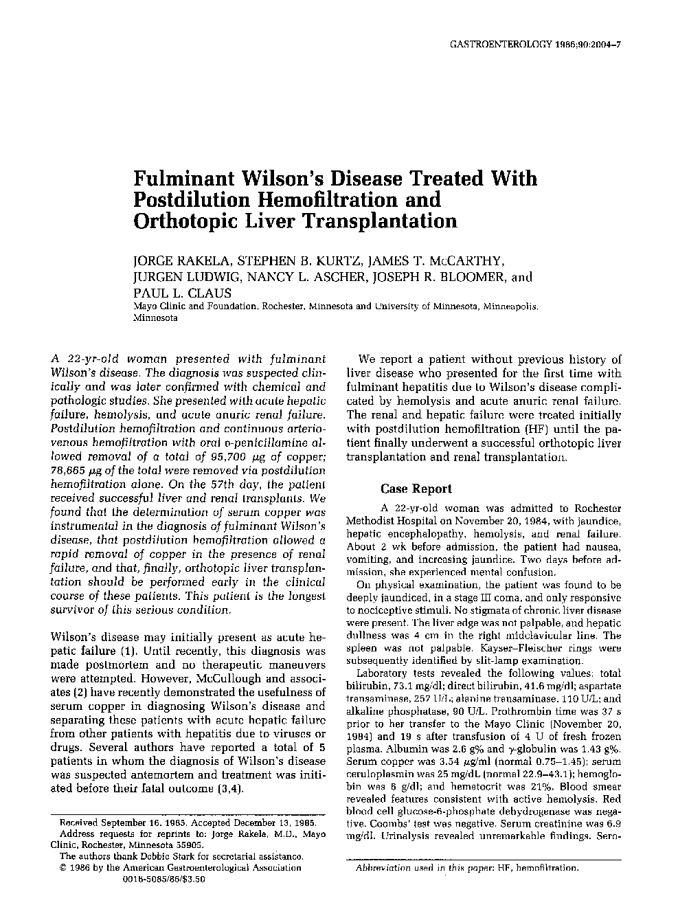 Fulminant Wilson's disease treated with postdilution hemofiltration and orthotopic liver transplantation