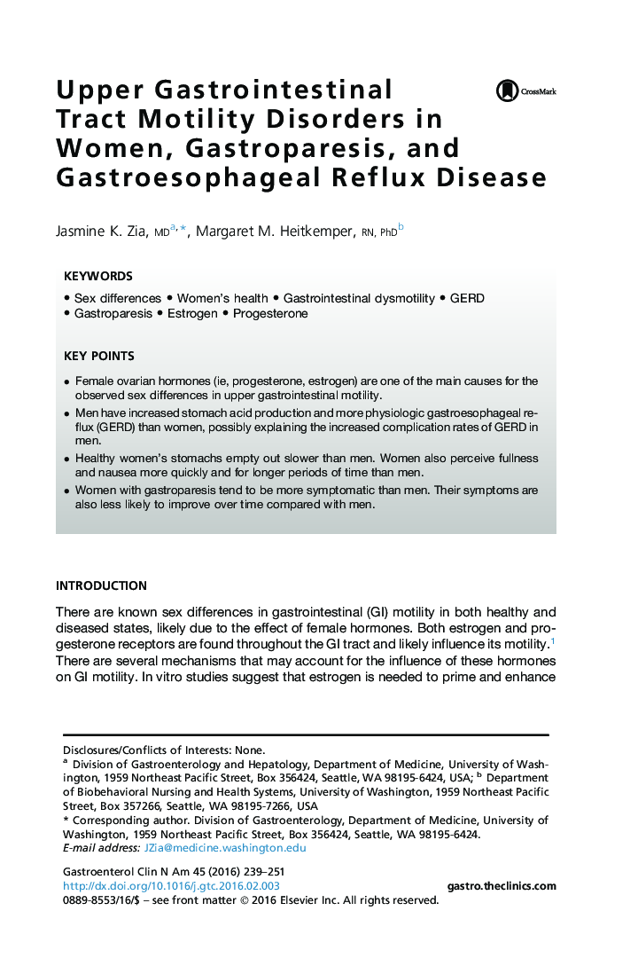 Upper Gastrointestinal Tract Motility Disorders in Women, Gastroparesis, and Gastroesophageal Reflux Disease