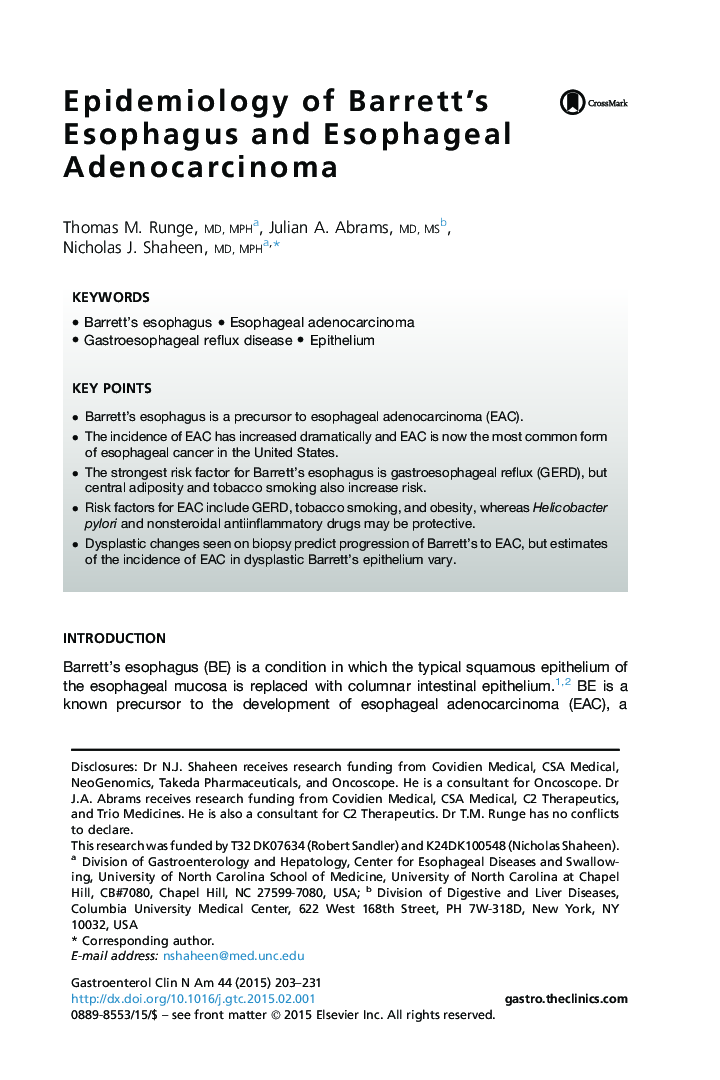 Epidemiology of Barrett's Esophagus and Esophageal Adenocarcinoma