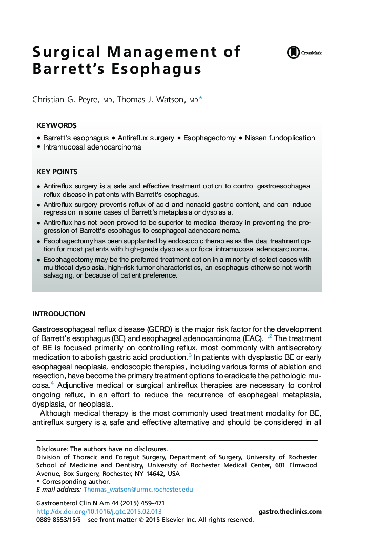 Surgical Management of Barrett's Esophagus