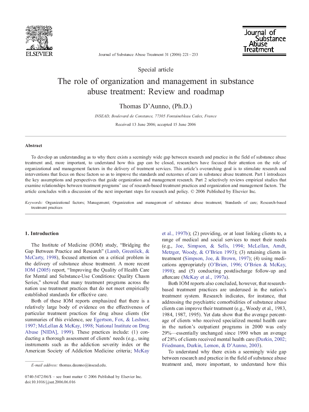 The role of organization and management in substance abuse treatment: Review and roadmap