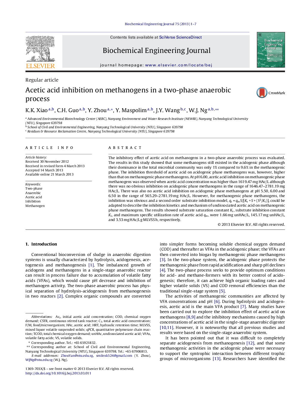 Acetic acid inhibition on methanogens in a two-phase anaerobic process