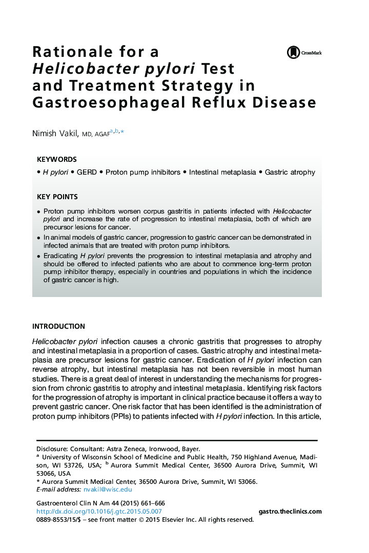 Rationale for a Helicobacter pylori Test and Treatment Strategy in Gastroesophageal Reflux Disease