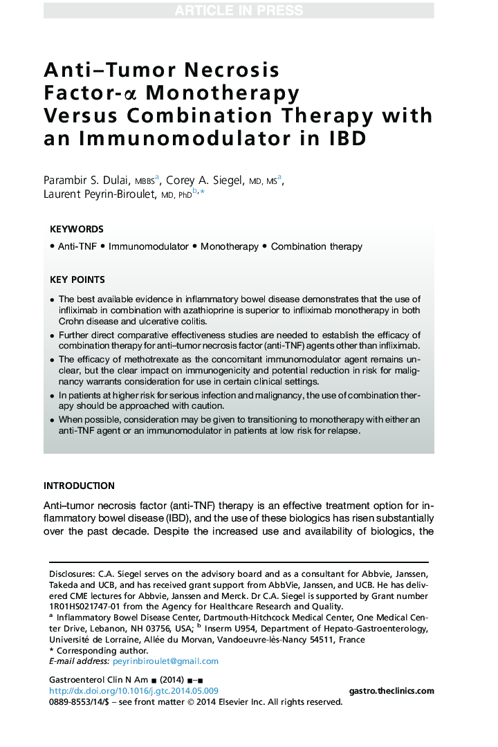 Anti-Tumor Necrosis Factor-Î± Monotherapy Versus Combination Therapy with an Immunomodulator in IBD