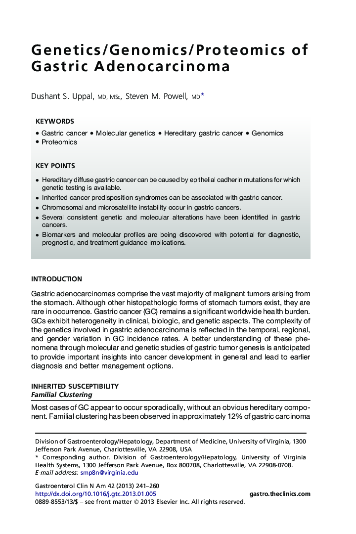 Genetics/Genomics/Proteomics of Gastric Adenocarcinoma