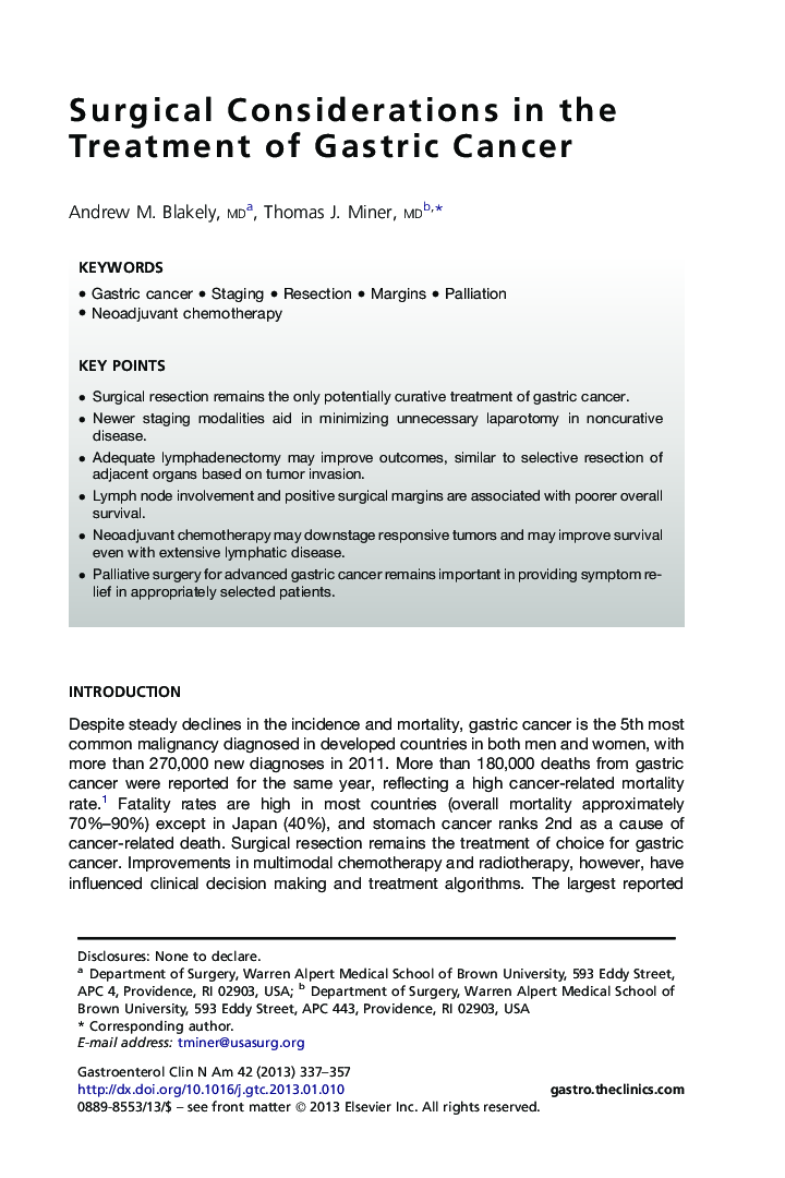 Surgical Considerations in the Treatment of Gastric Cancer