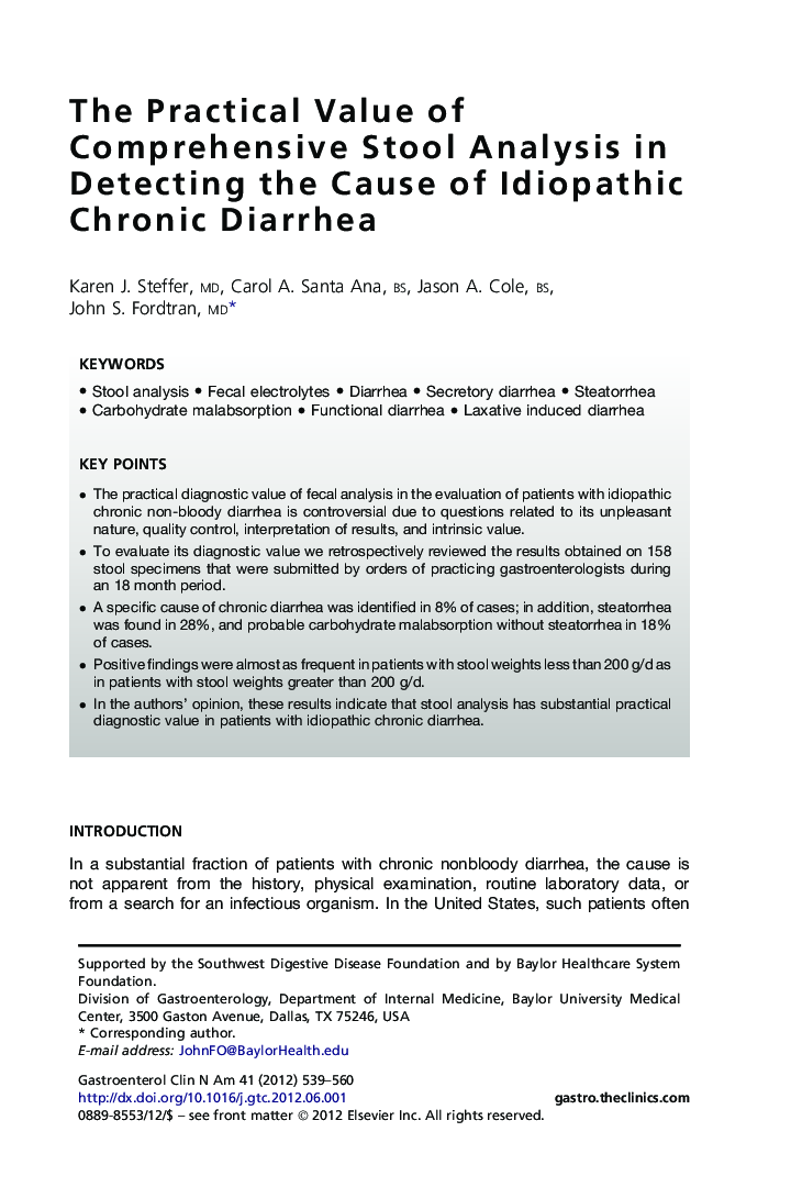 The Practical Value of Comprehensive Stool Analysis in Detecting the Cause of Idiopathic Chronic Diarrhea