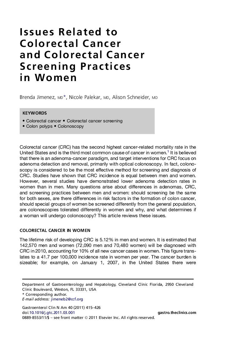 Issues Related to Colorectal Cancer and Colorectal Cancer Screening Practices in Women