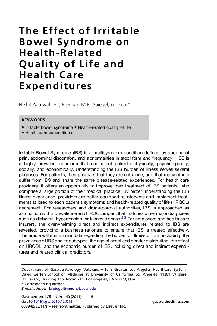 The Effect of Irritable Bowel Syndrome on Health-Related Quality of Life and Health Care Expenditures