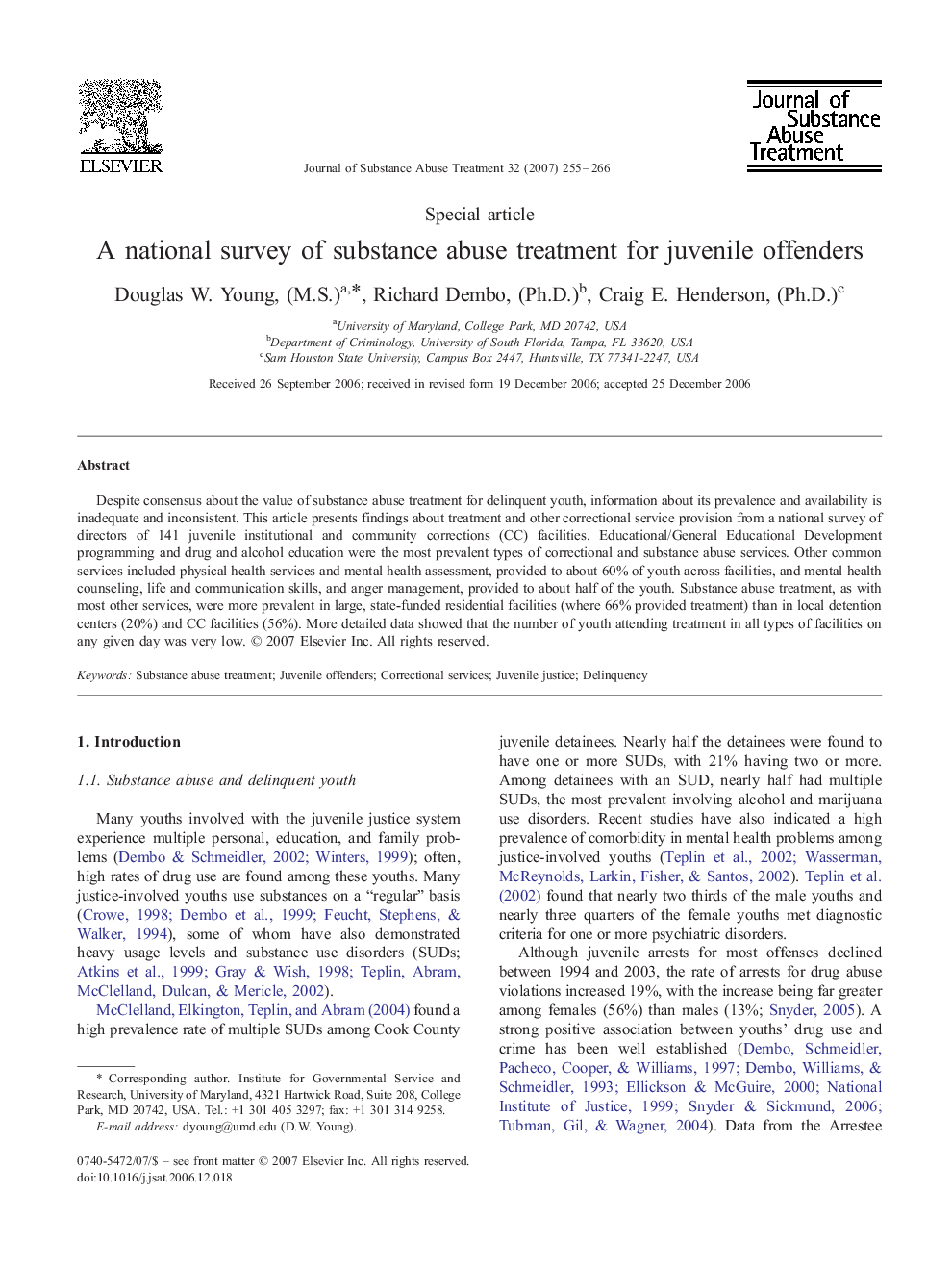 A national survey of substance abuse treatment for juvenile offenders