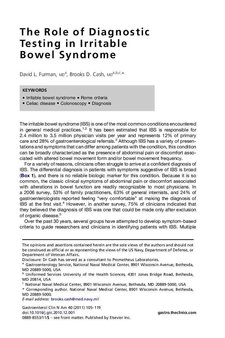 The Role of Diagnostic Testing in Irritable Bowel Syndrome