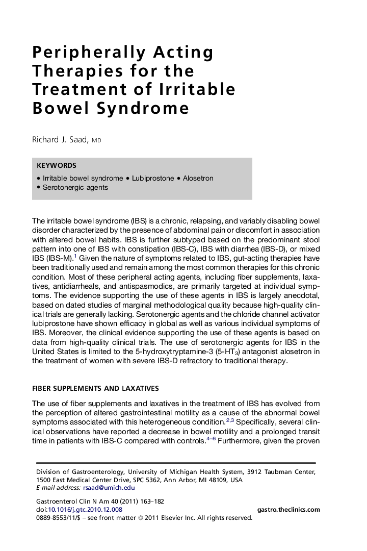 Peripherally Acting Therapies for the Treatment of Irritable Bowel Syndrome