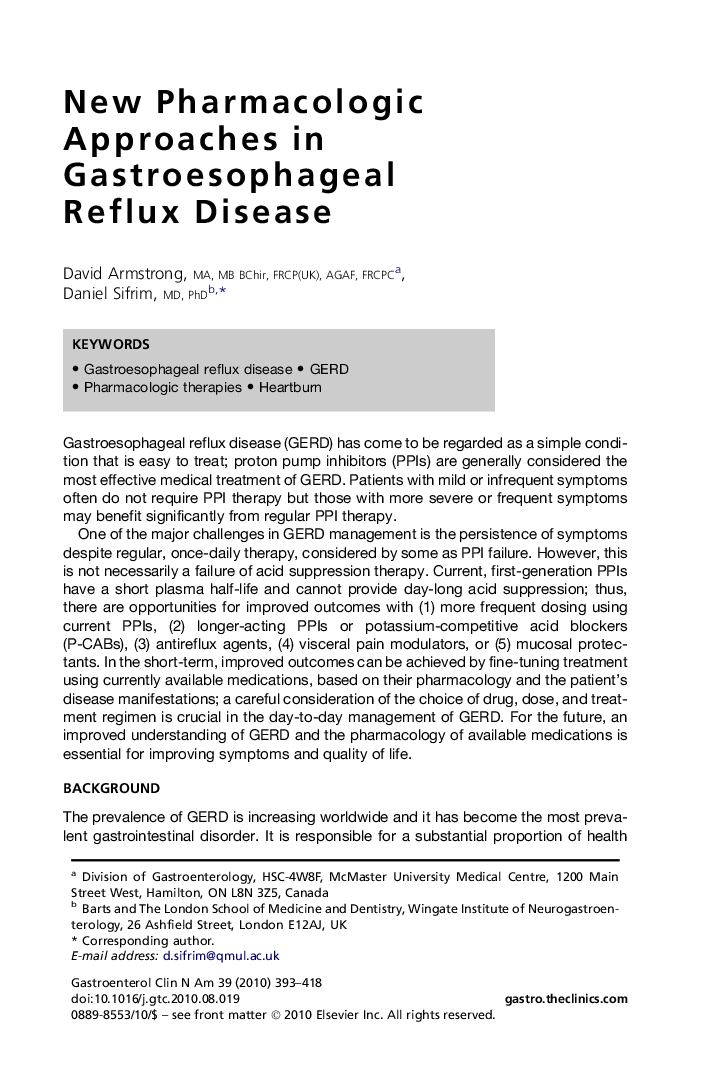 New Pharmacologic Approaches in Gastroesophageal Reflux Disease