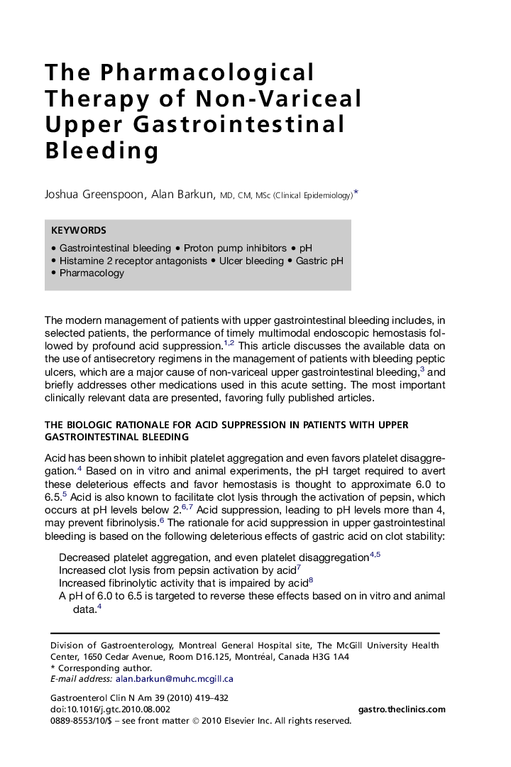 The Pharmacological Therapy of Non-Variceal Upper Gastrointestinal Bleeding