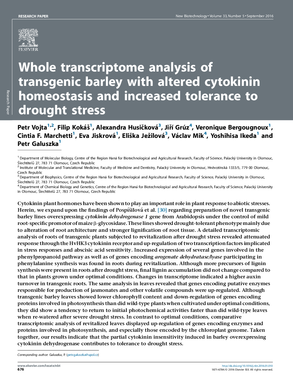 تجزیه و تحلیل کامل ترانسکتروموم جو اصطکاکی با هوموتازای سیتوکینین تغییر یافته و افزایش تحمل به تنش خشکی 