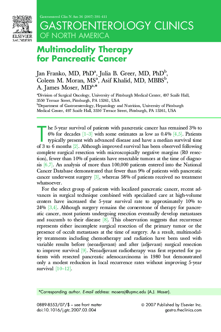 Multimodality Therapy for Pancreatic Cancer