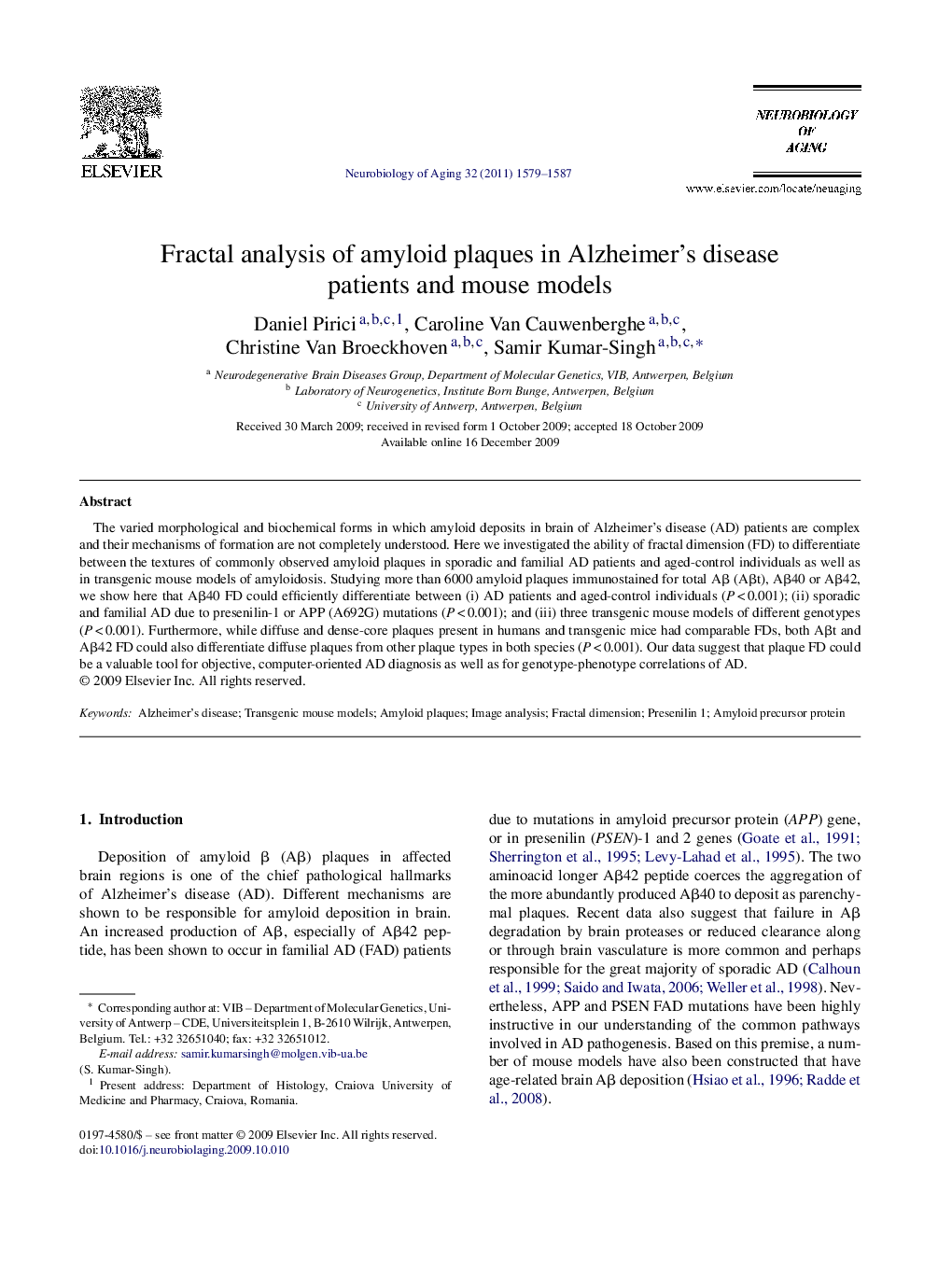 Fractal analysis of amyloid plaques in Alzheimer's disease patients and mouse models