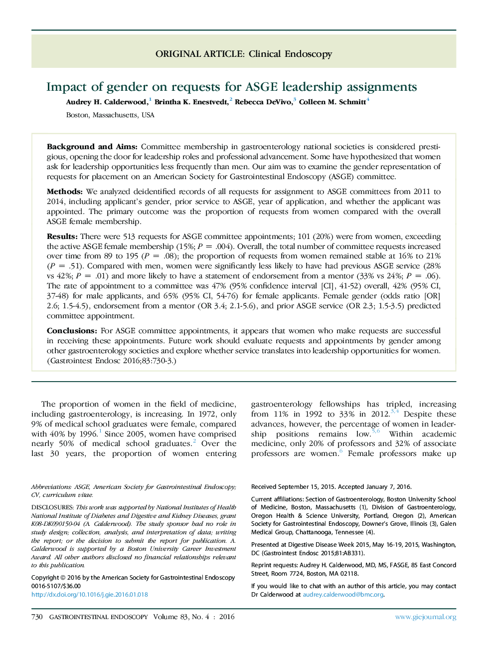 Impact of gender on requests for ASGE leadership assignments 