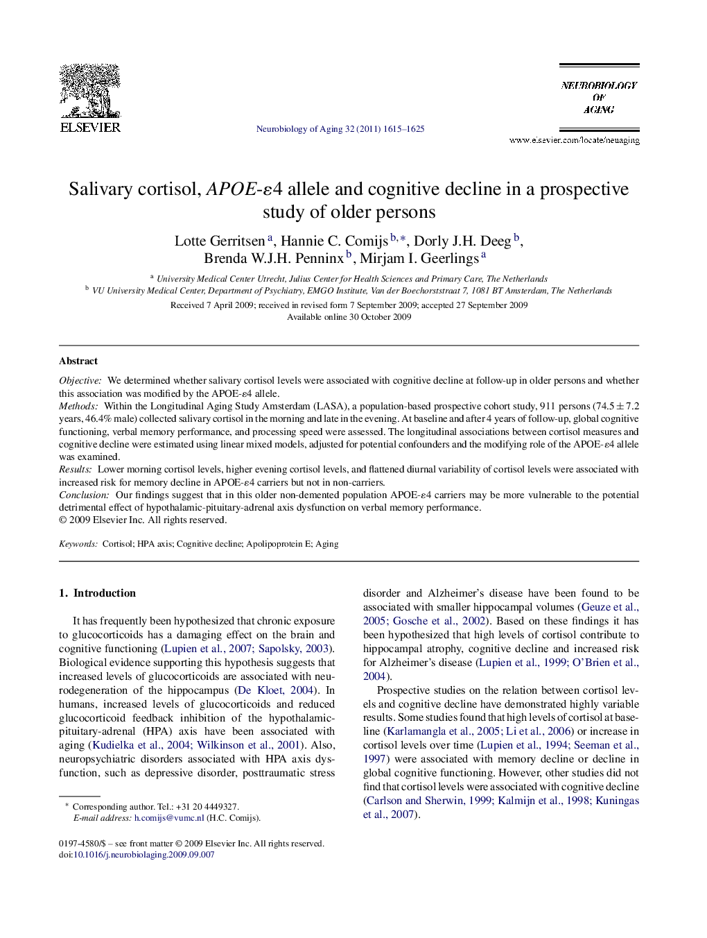 Salivary cortisol, APOE-ε4 allele and cognitive decline in a prospective study of older persons