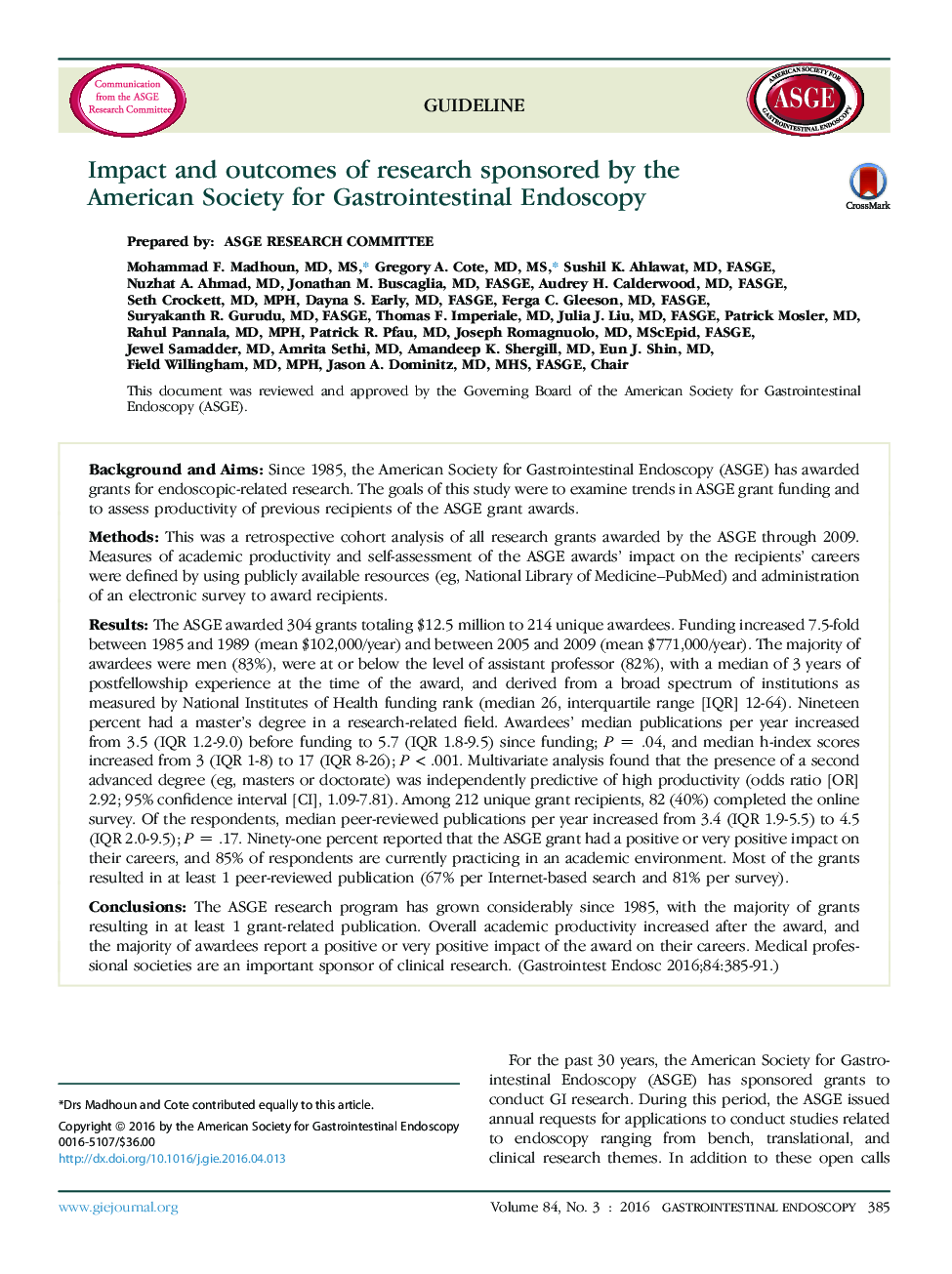 Impact and outcomes of research sponsored by the American Society for Gastrointestinal Endoscopy