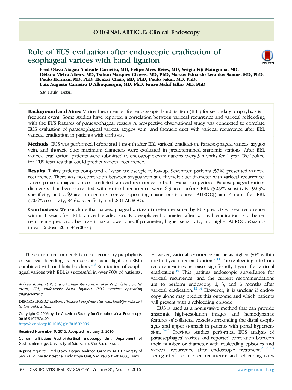 Role of EUS evaluation after endoscopic eradication of esophageal varices with band ligation 