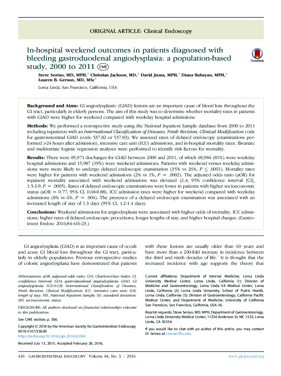 In-hospital weekend outcomes in patients diagnosed with bleeding gastroduodenal angiodysplasia: a population-based study, 2000 to 2011 