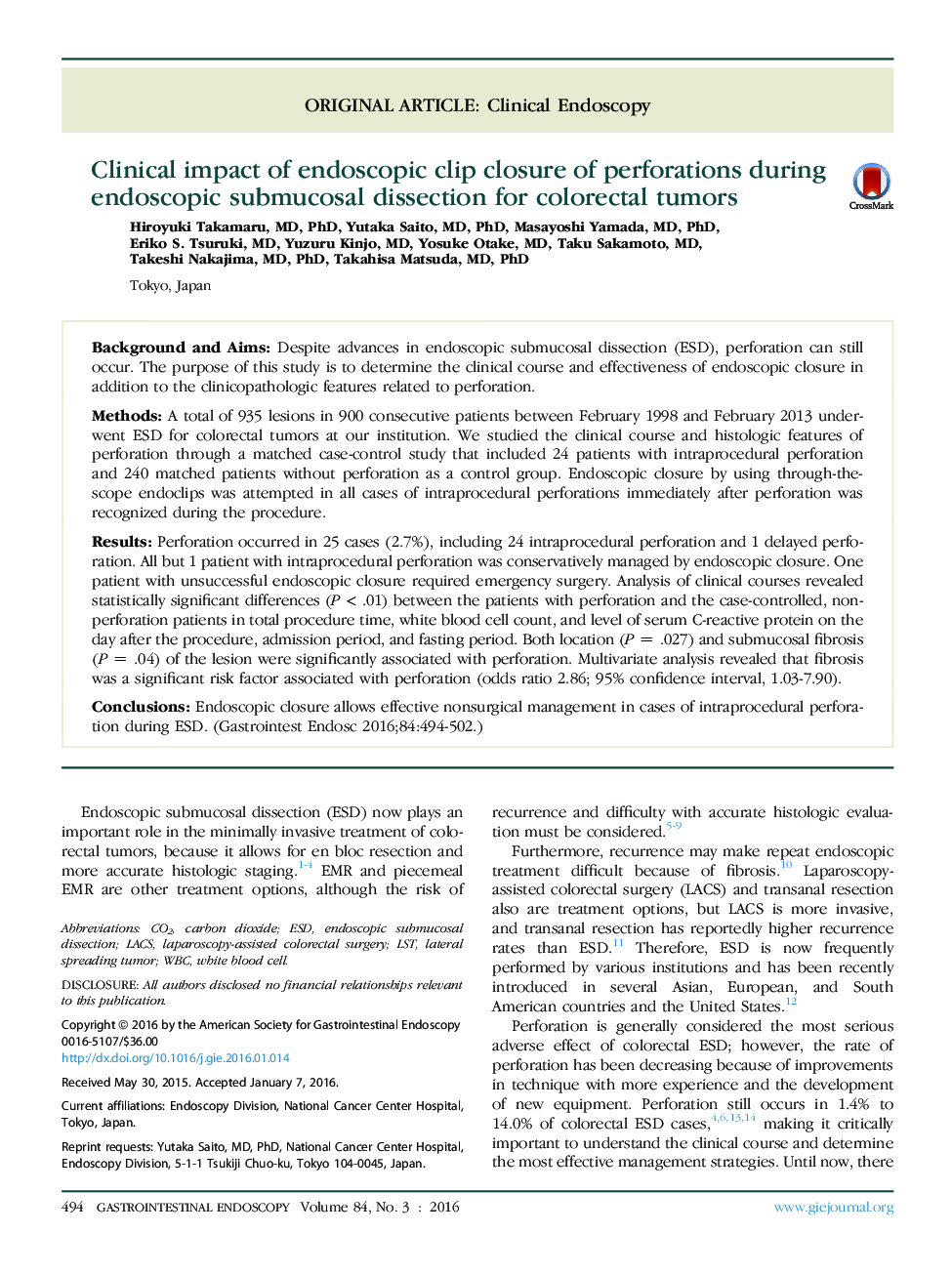 Clinical impact of endoscopic clip closure of perforations during endoscopic submucosal dissection for colorectal tumors