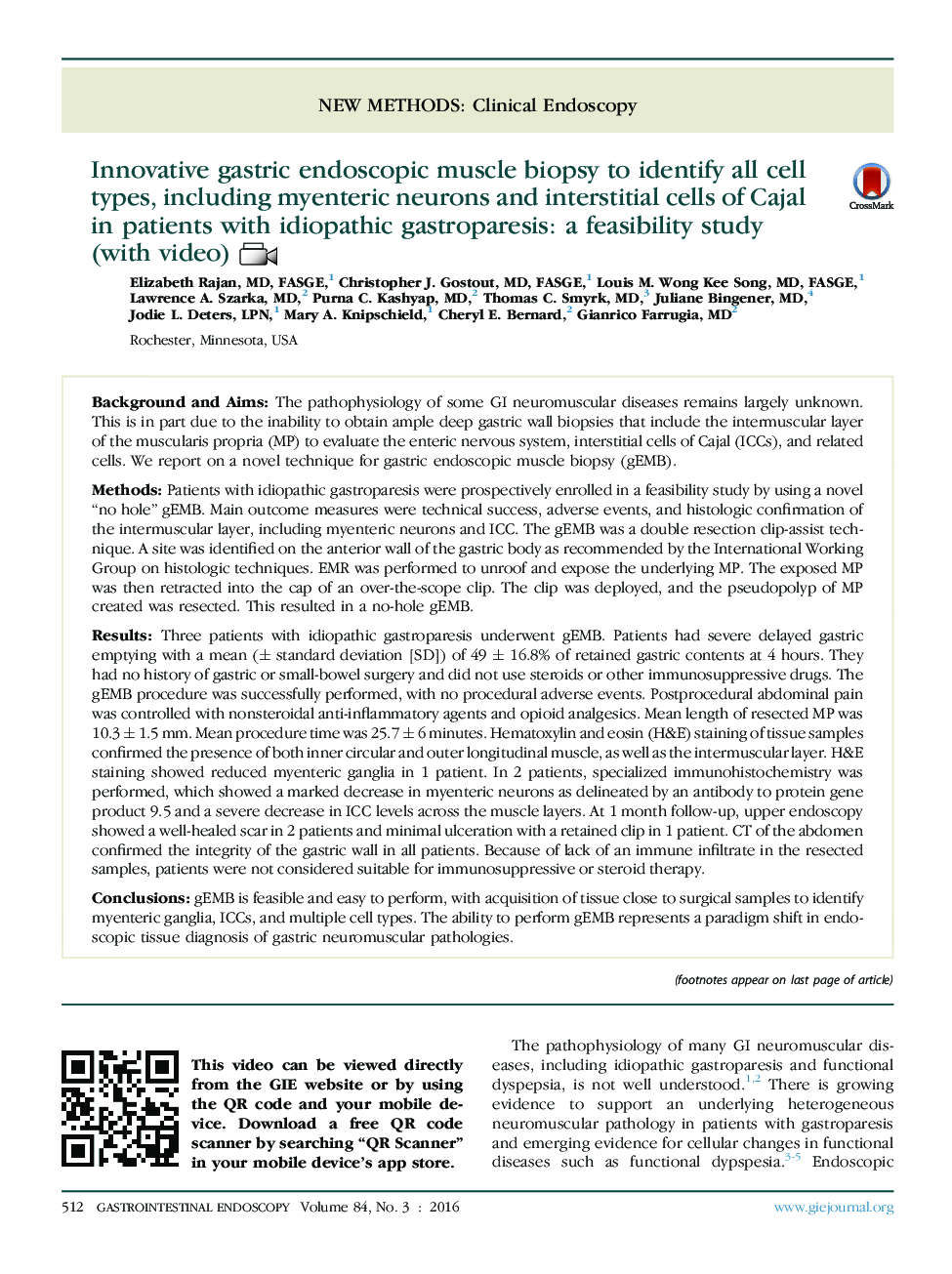 Innovative gastric endoscopic muscle biopsy to identify all cell types, including myenteric neurons and interstitial cells of Cajal in patients with idiopathic gastroparesis: a feasibility study (with video) 