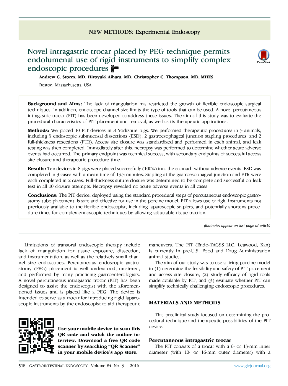 Novel intragastric trocar placed by PEG technique permits endolumenal use of rigid instruments to simplify complex endoscopic procedures 