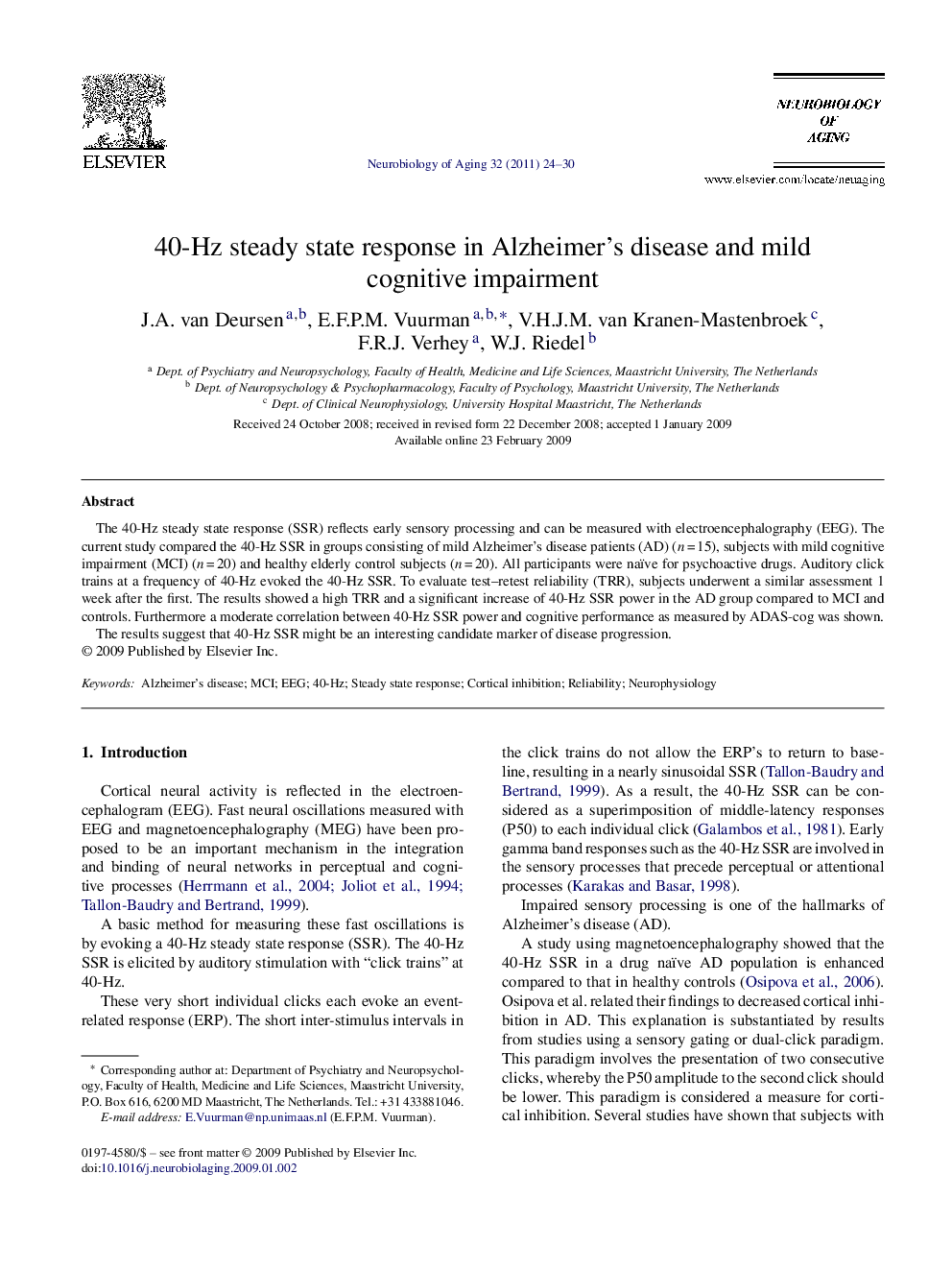 40-Hz steady state response in Alzheimer's disease and mild cognitive impairment