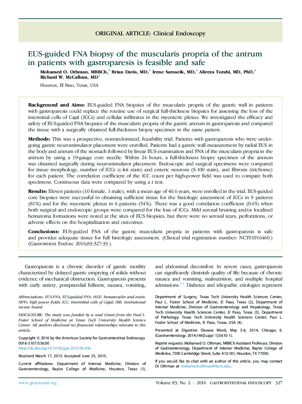 EUS-guided FNA biopsy of the muscularis propria of the antrum in patients with gastroparesis is feasible and safe 