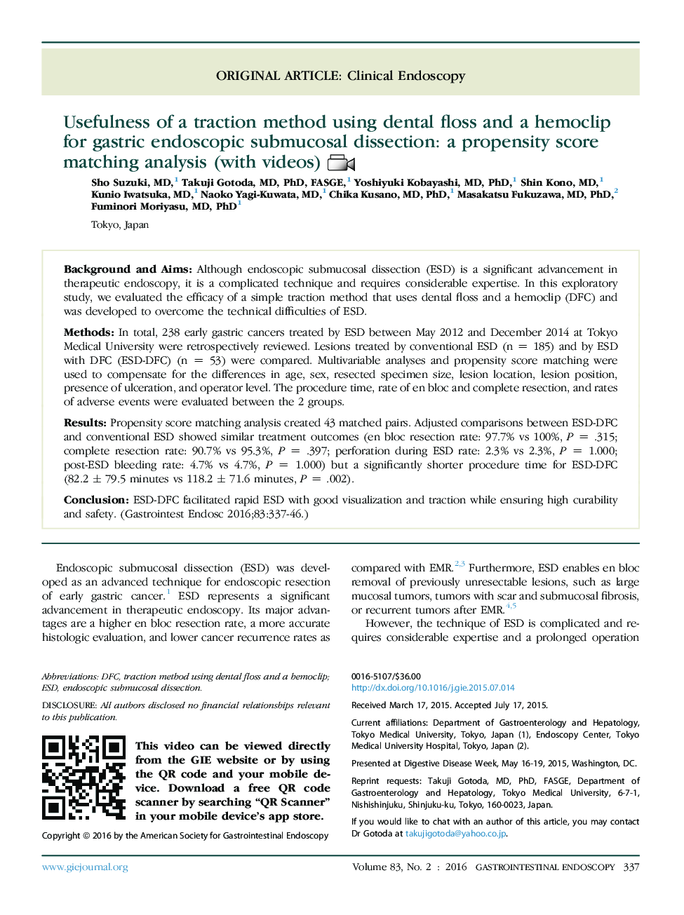 Usefulness of a traction method using dental floss and a hemoclip for gastric endoscopic submucosal dissection: a propensity score matching analysis (with videos) 