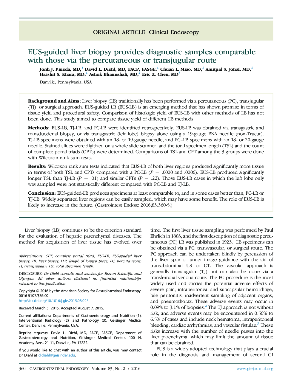 EUS-guided liver biopsy provides diagnostic samples comparable with those via the percutaneous or transjugular route 