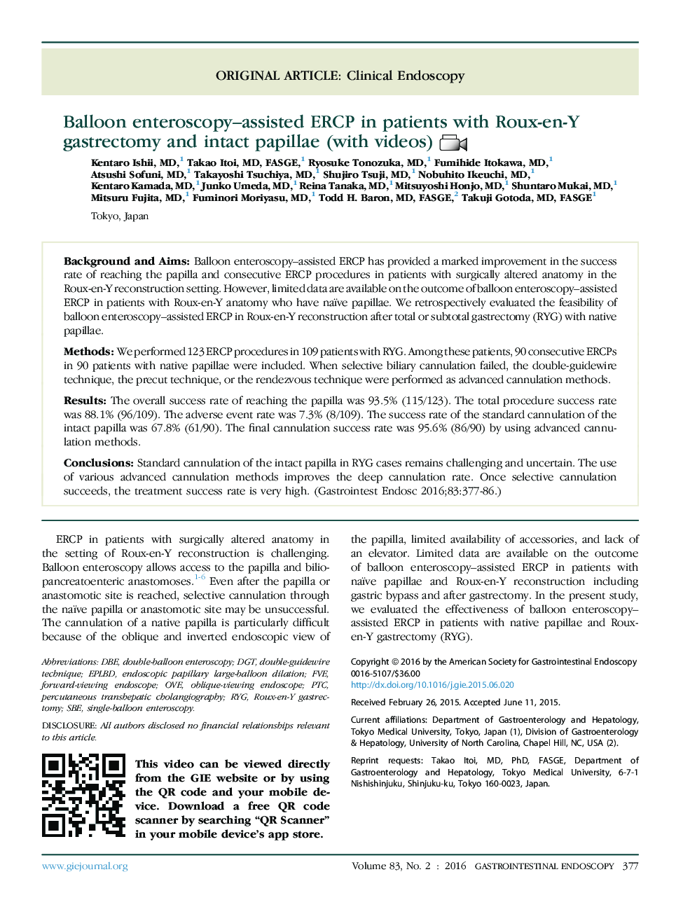 Balloon enteroscopy-assisted ERCP in patients with Roux-en-Y gastrectomy and intact papillae (with videos)