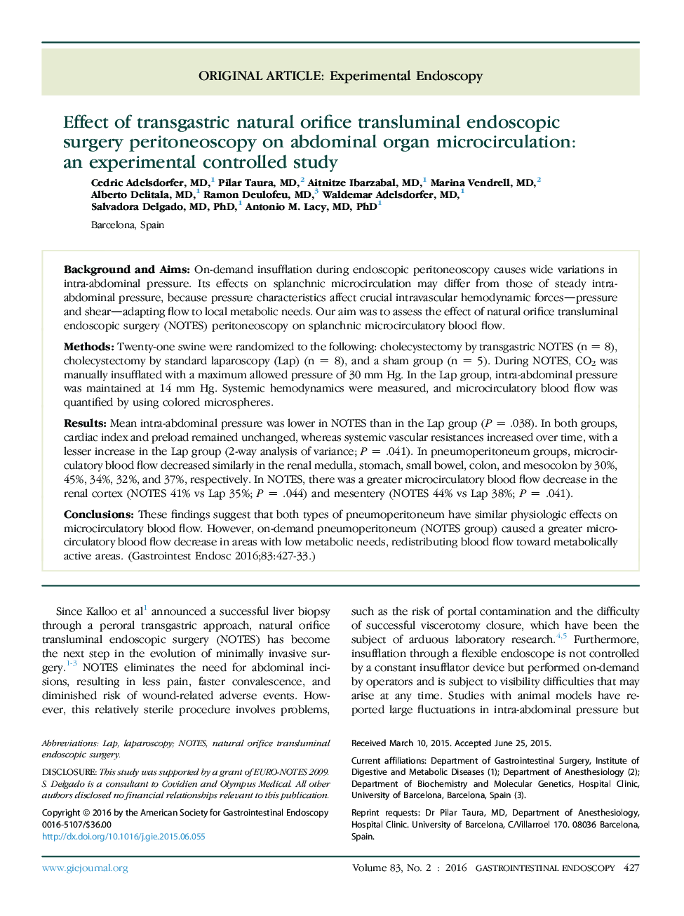 Effect of transgastric natural orifice transluminal endoscopic surgery peritoneoscopy on abdominal organ microcirculation: an experimental controlled study 