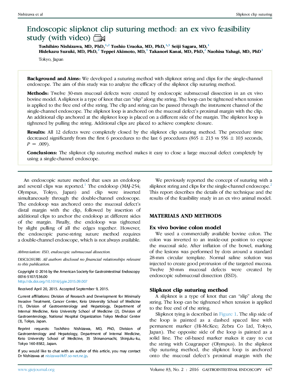 Endoscopic slipknot clip suturing method: an ex vivo feasibility study (with video) 