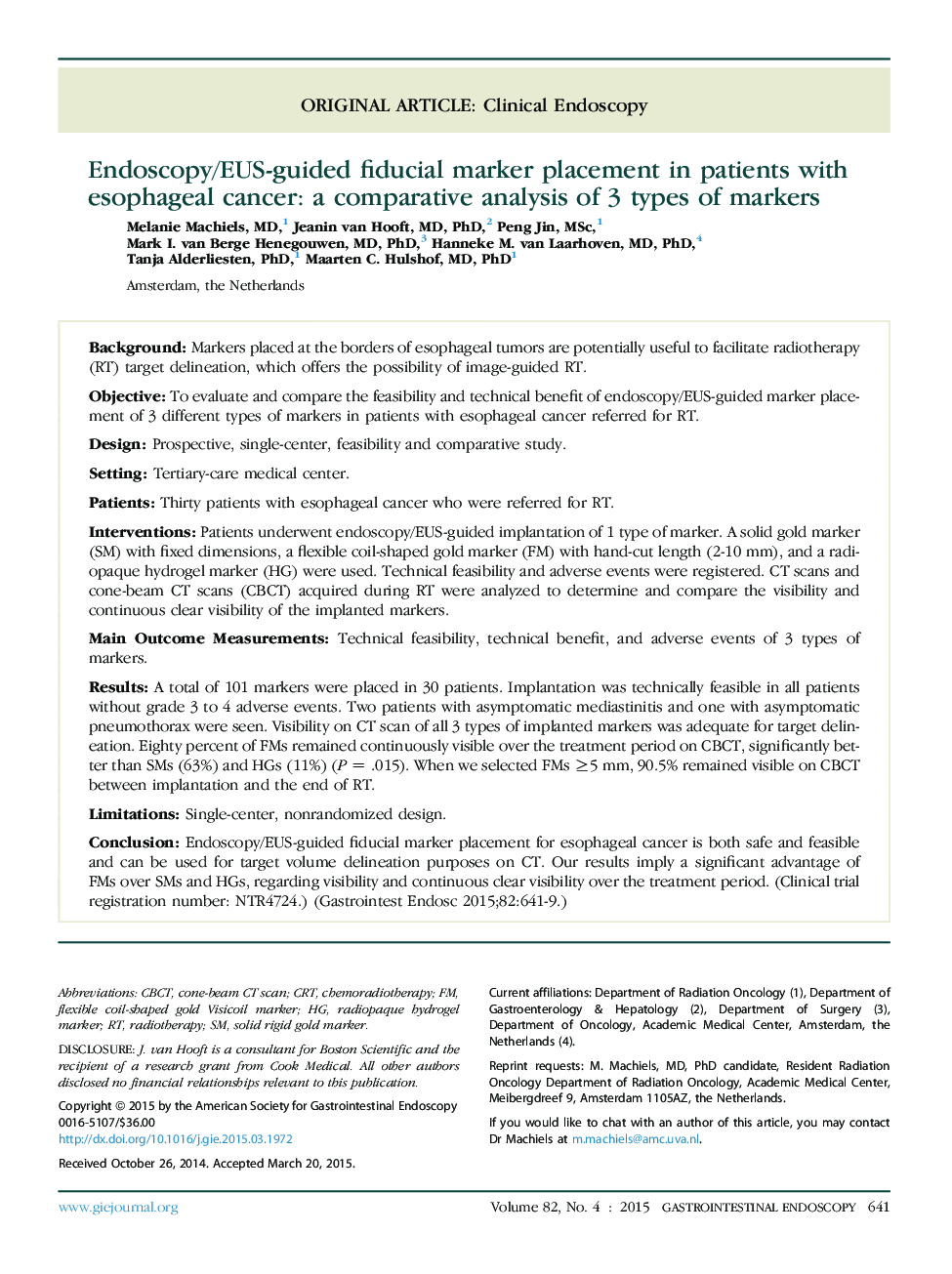 Endoscopy/EUS-guided fiducial marker placement in patients with esophageal cancer: a comparative analysis of 3 types of markers 